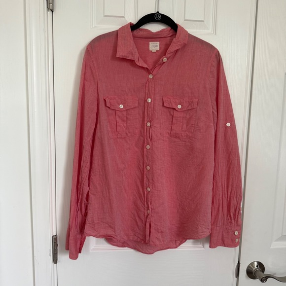 J. Crew Tops - J.Crew The Perfect Shirt Coral 100% Cotton Button Down Roll Tab Sleeve WMs M EUC
